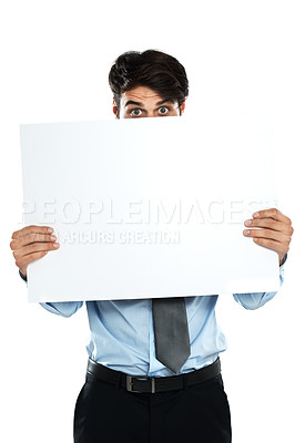 Buy stock photo Placard mockup, employee portrait and man with marketing poster, advertising banner or product placement. Billboard sign, business studio mock up or hiding sales model isolated on white background