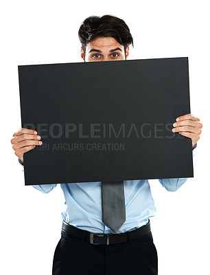 Buy stock photo Placard mockup, worker portrait or man with marketing poster, advertising banner or product placement. Billboard promo sign, business studio mock up or hiding sales model isolated on white background