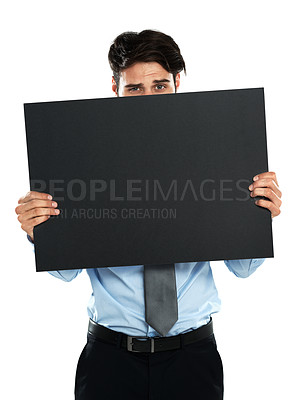 Buy stock photo Placard mockup, employee portrait and businessman with marketing promo poster, advertising banner or product placement. Mock up billboard sign, hide or studio sales model isolated on white background