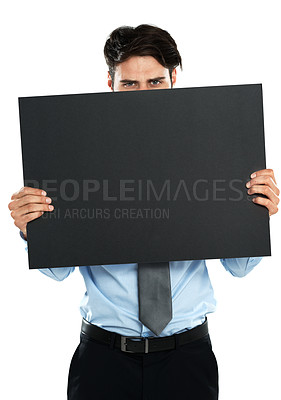 Buy stock photo Placard mockup, portrait and serious businessman with marketing promo poster, advertising banner or product placement. Mock up billboard sign, hide or studio sales model isolated on white background