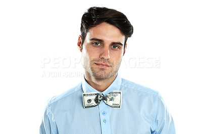 Buy stock photo Busines man, portrait and money in studio with a dollar on shirt of entrepreneur for wealth, rich and luxury. Face of male model isolated on a white background with cash for investment or bribe deal