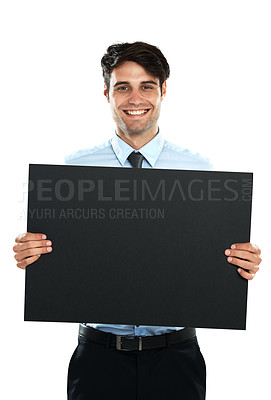 Buy stock photo Placard mockup, smile and portrait of businessman with marketing poster, advertising banner or product placement space. Billboard paper mock up, promotion sign and sales model on white background