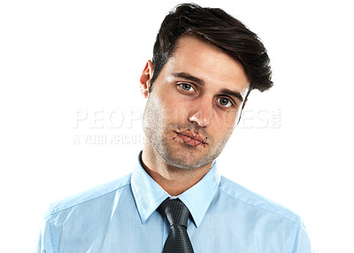 Buy stock photo Portrait of man with stitched mouth, depression and mental health isolated on white background. Victim censorship, silence and abuse, sad censored businessman with lips sewn to shut up in studio.