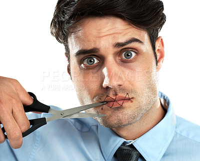 Buy stock photo Portrait, scissors and stitch on the lips of a man in studio isolated on a white background cutting for freedom of speech. Communication, silent and sealed with a handsome young male on blank space