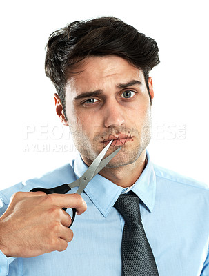 Buy stock photo Portrait, scissors and thread on the lips of a man in studio isolated on a white background cutting for freedom of speech. Communication, silent and sealed with a handsome young male on blank space
