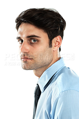 Buy stock photo Mental health, silence and censored man, victim of abuse or bullying at work isolated on white background. Censorship, depression and mute businessman scared and sad with lips stitched shut in studio