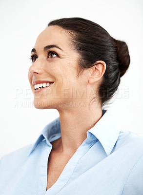 Buy stock photo Beautiful businesswoman looking away while thinking against a white background