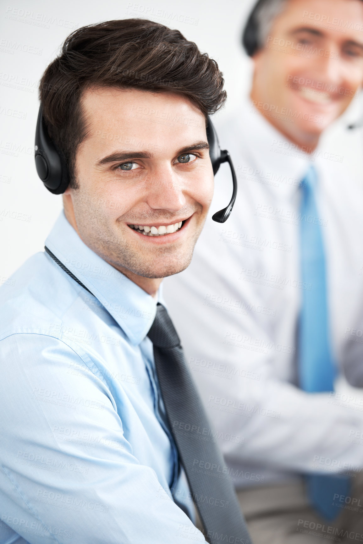 Buy stock photo Business people, computer and men with portrait, call center and telemarketing with help desk. Employees, consulting and coworkers with headphones, contact us and customer service with tech support