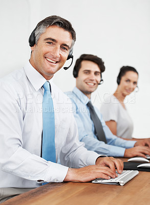 Buy stock photo Business people, teamwork and portrait with headphones, call center and telemarketing with help desk. Employees, consulting agency and customer service with headset, cooperation and tech support