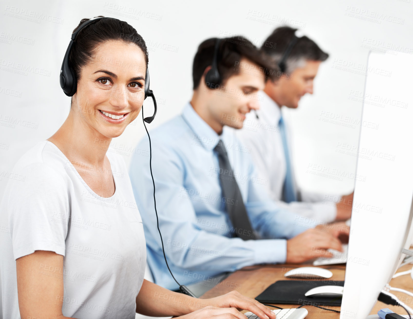 Buy stock photo Business people, computer and woman with headphones, call center and telemarketing with internet. Happy employees, consulting agency and friendly service with headset, contact us or technical support