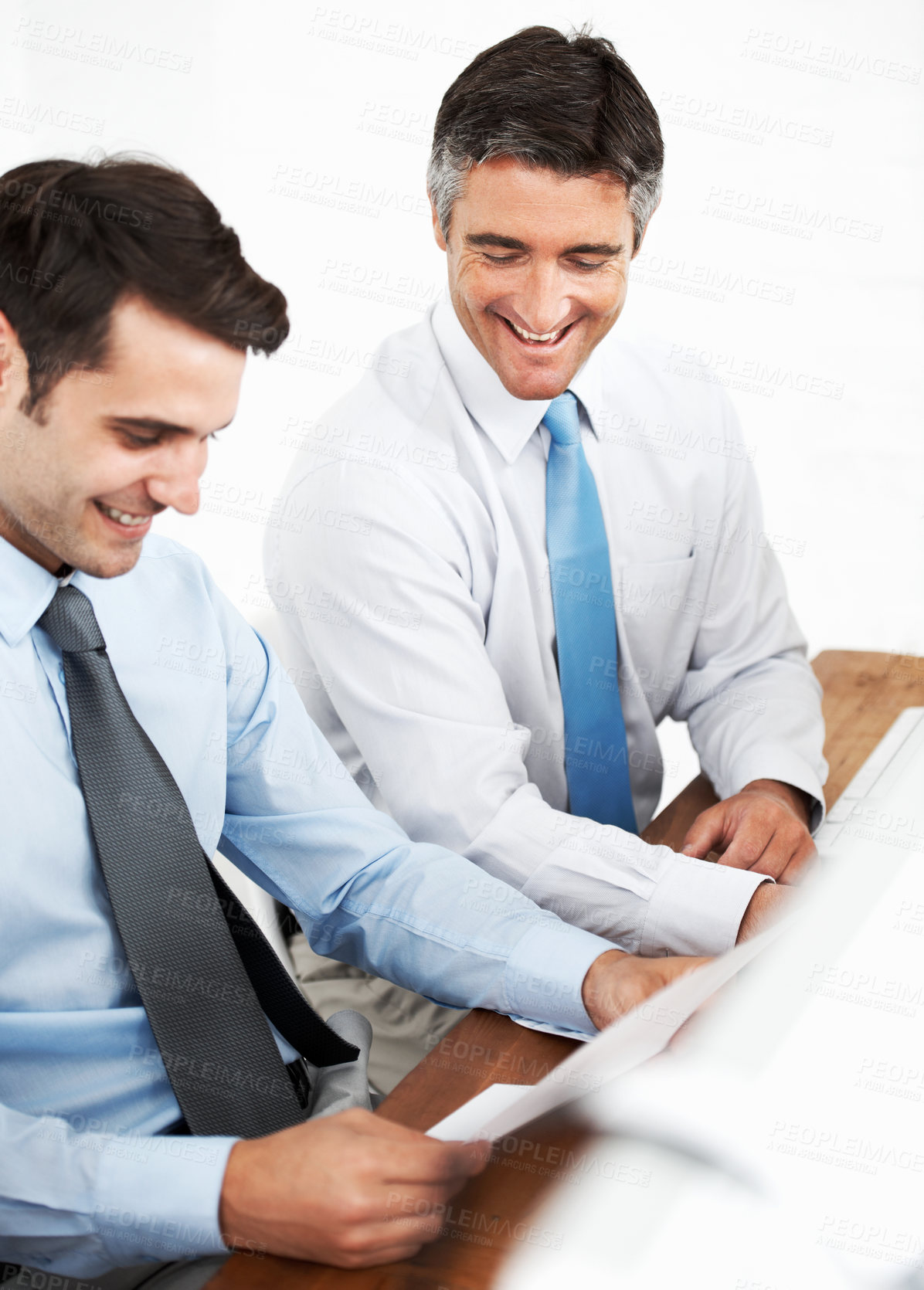 Buy stock photo Happy team, discussion and business men with documents for profit growth, sales and laughing. Paperwork, manager and reading report, planning and brainstorming ideas for company performance increase