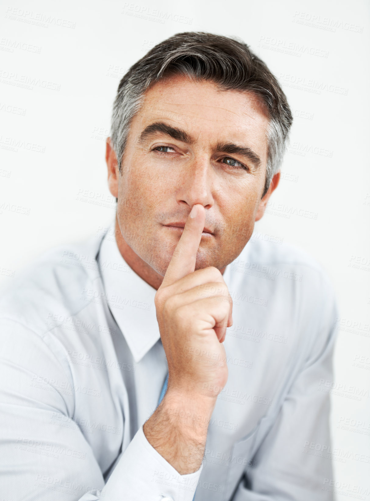 Buy stock photo Thinking, idea and mature businessman in studio with vision for legal company development. Question, brainstorming and male attorney planning for litigation case with decision by white background.