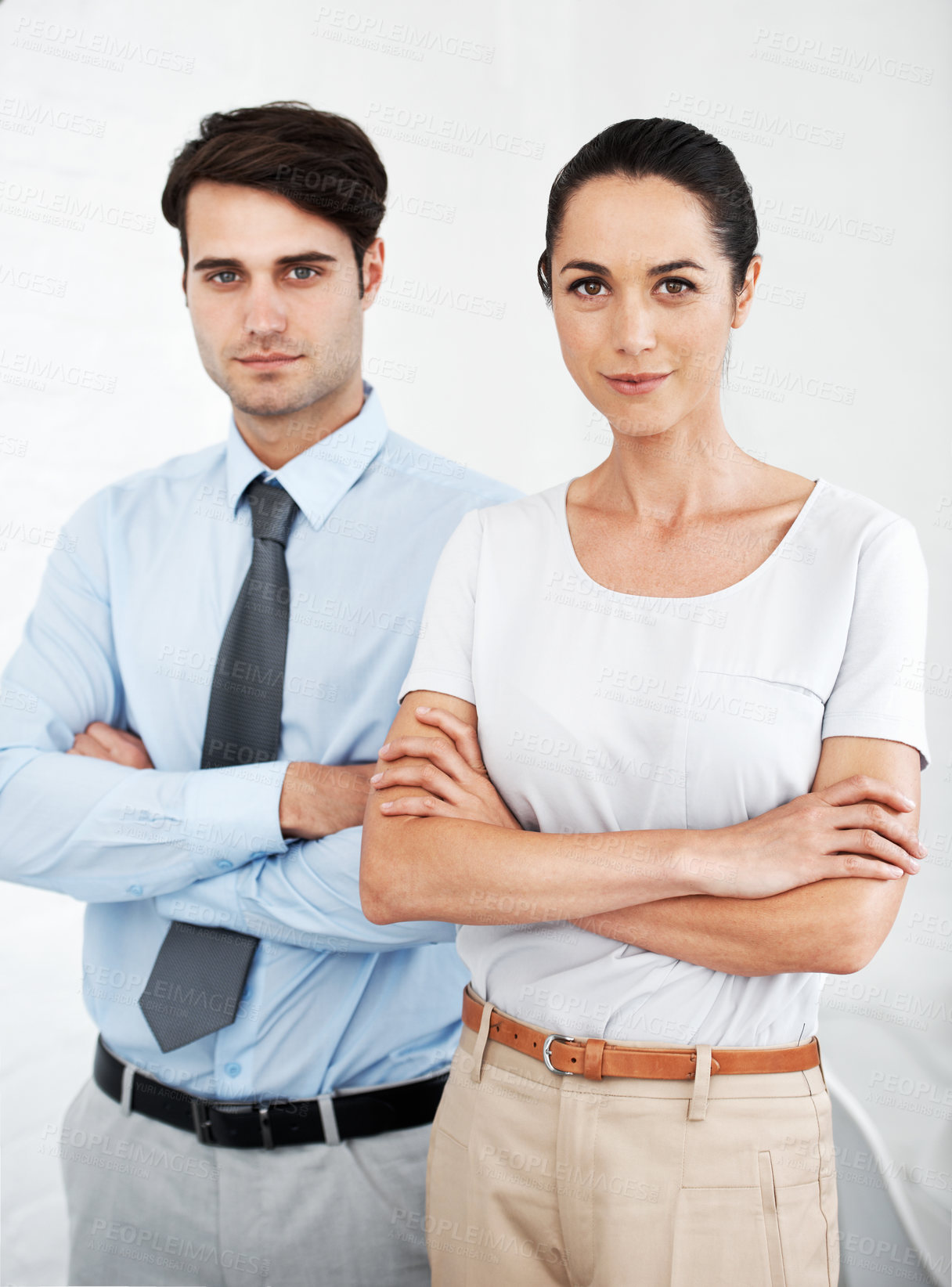 Buy stock photo People, portrait and confident in office for business, teamwork and project management. Man, woman and arms crossed in workplace for collaboration, partnership and commitment in corporate company