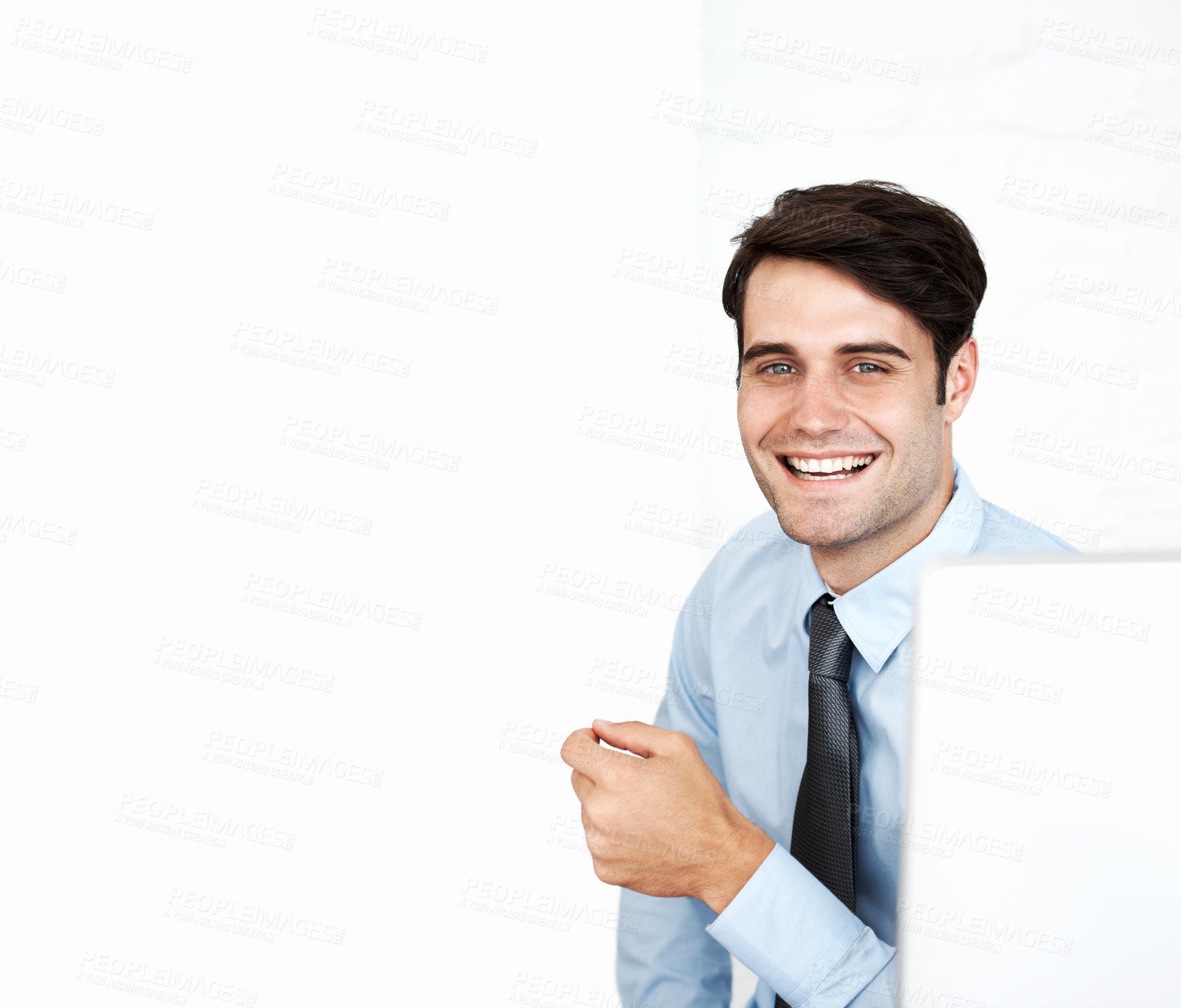 Buy stock photo Happy, mockup space and portrait of businessman in studio with marketing for finance career. Smile, advertising and male financial advisor from New York with positive attitude by white background. 