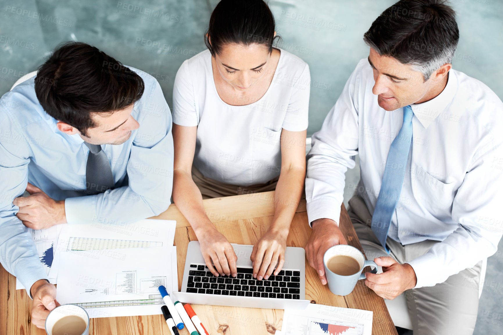 Buy stock photo Group, discussion and business people with laptop, data and stats above. Computer, team manager and financial analyst with chart, planning and brainstorming ideas for company performance increase