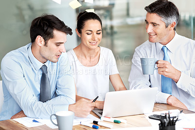 Buy stock photo Business people, team and laptop in office for planning, collaboration and accounting discussion. Men and a woman together in at desk with tech and paperwork for tax, budget or brainstorming strategy