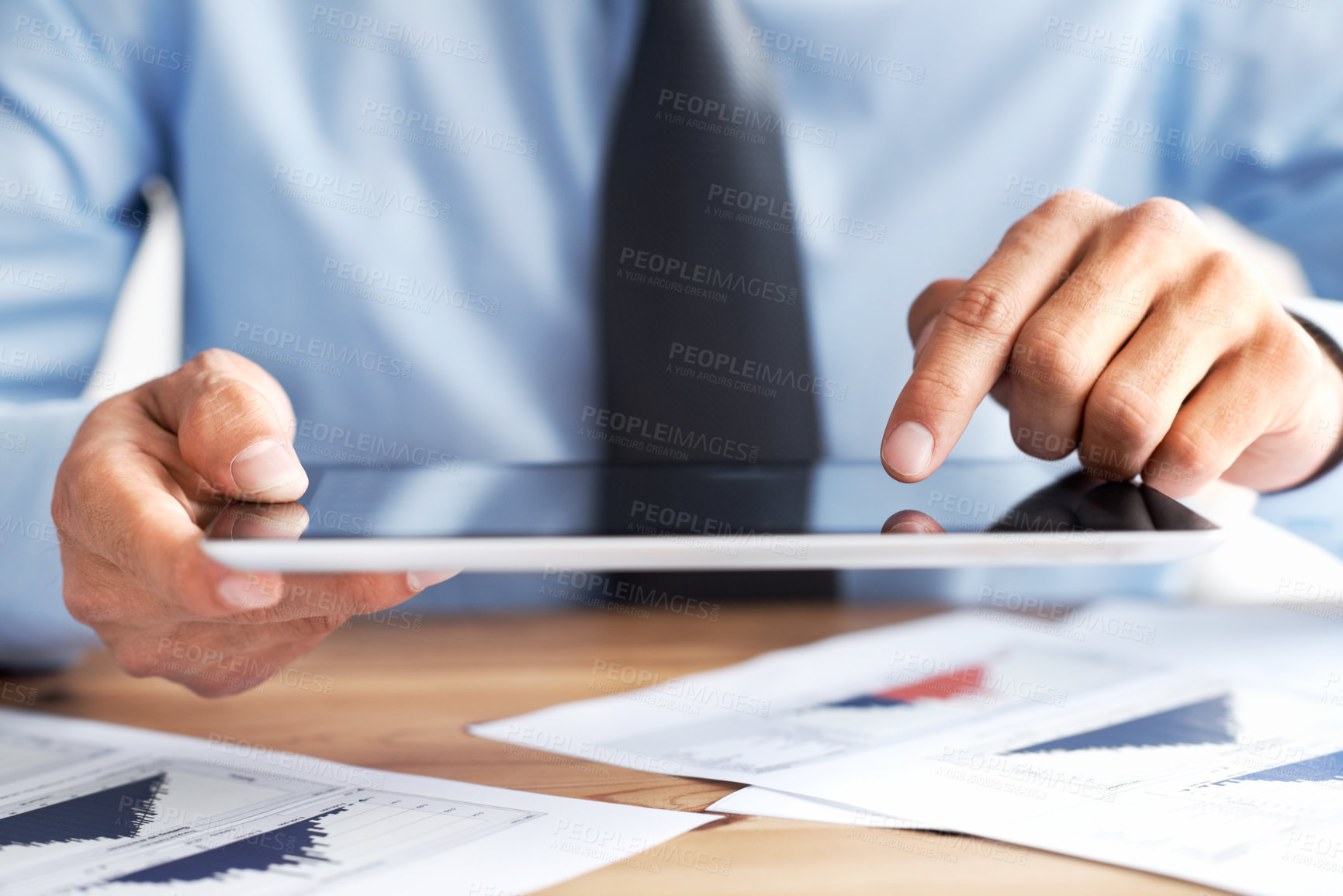 Buy stock photo Businessman, hands and tablet with screen or documents for trading, stock market or investments at office. Closeup, man or employee with technology display for online finance, profit or revenue