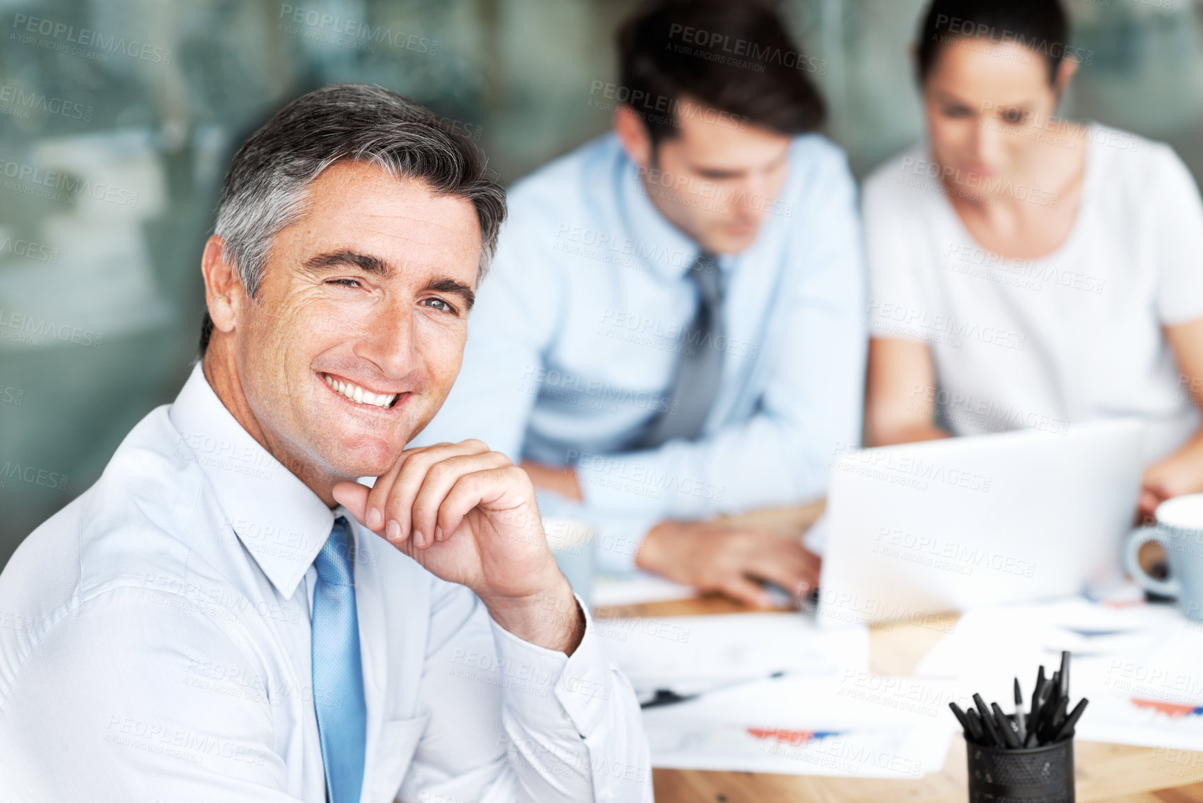 Buy stock photo Meeting, portrait and mature man with confidence, smile or audit collaboration at finance agency. Teamwork, manager and business people in conference room for workshop, opportunity or data analysis