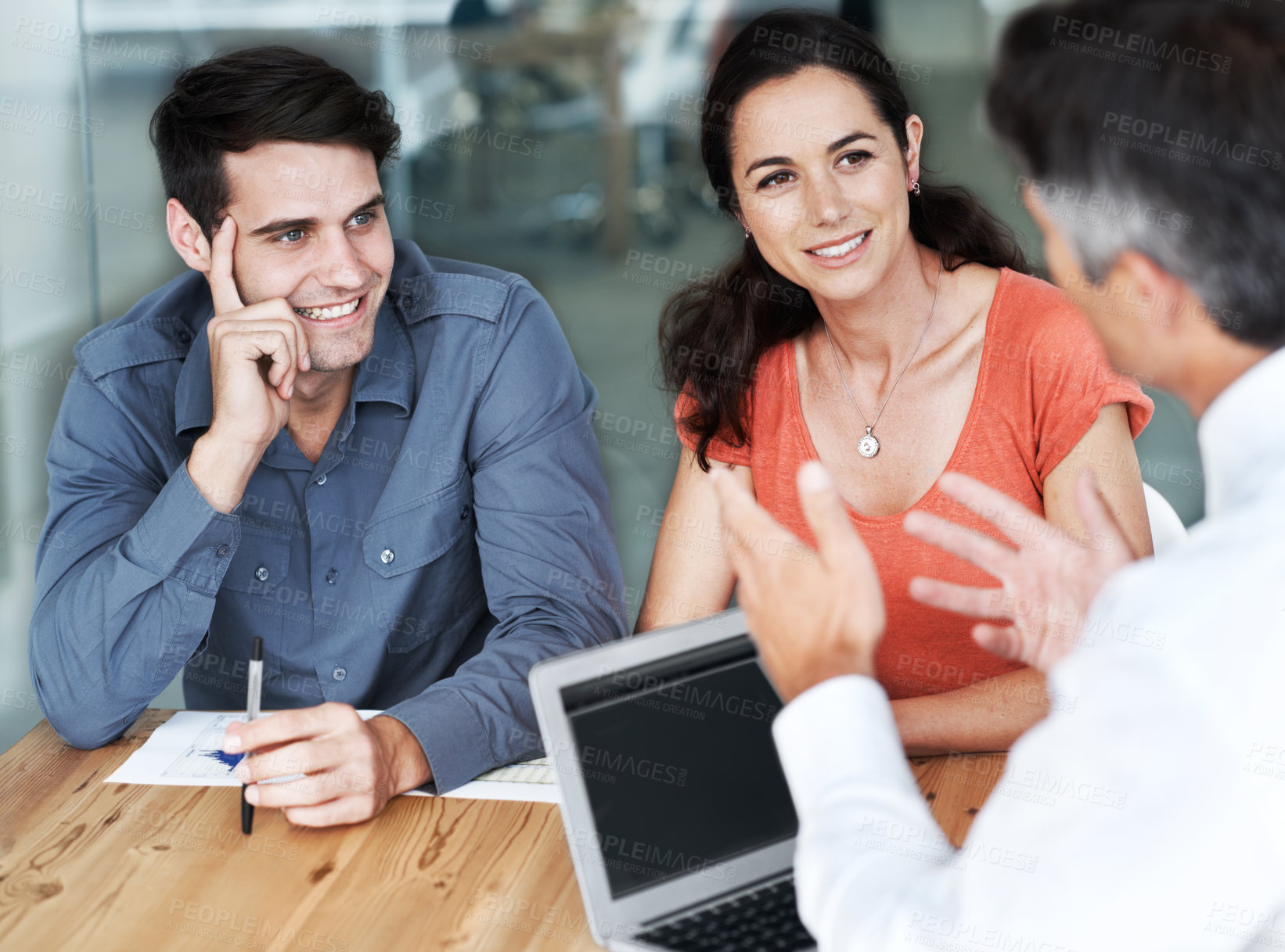 Buy stock photo Couple, financial advisor and consultation with talk, advice and listening with laptop at modern office. Man, woman and agent in discussion with computer for investment, saving and happy for wealth