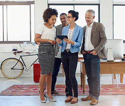 Buy stock photo Team, tablet and creative business people in discussion, solution and problem solving in startup. Group, technology and happy manager in meeting for coworking on project with editor for news article