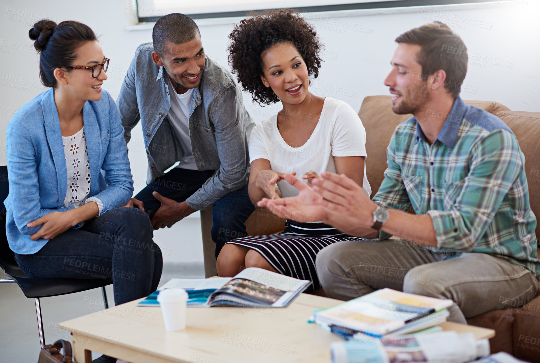 Buy stock photo Publication, employees and meeting for support in office, teamwork and discussion for creativity. Staff, issue feedback and review of schedule for magazine journal, brand collaboration and project