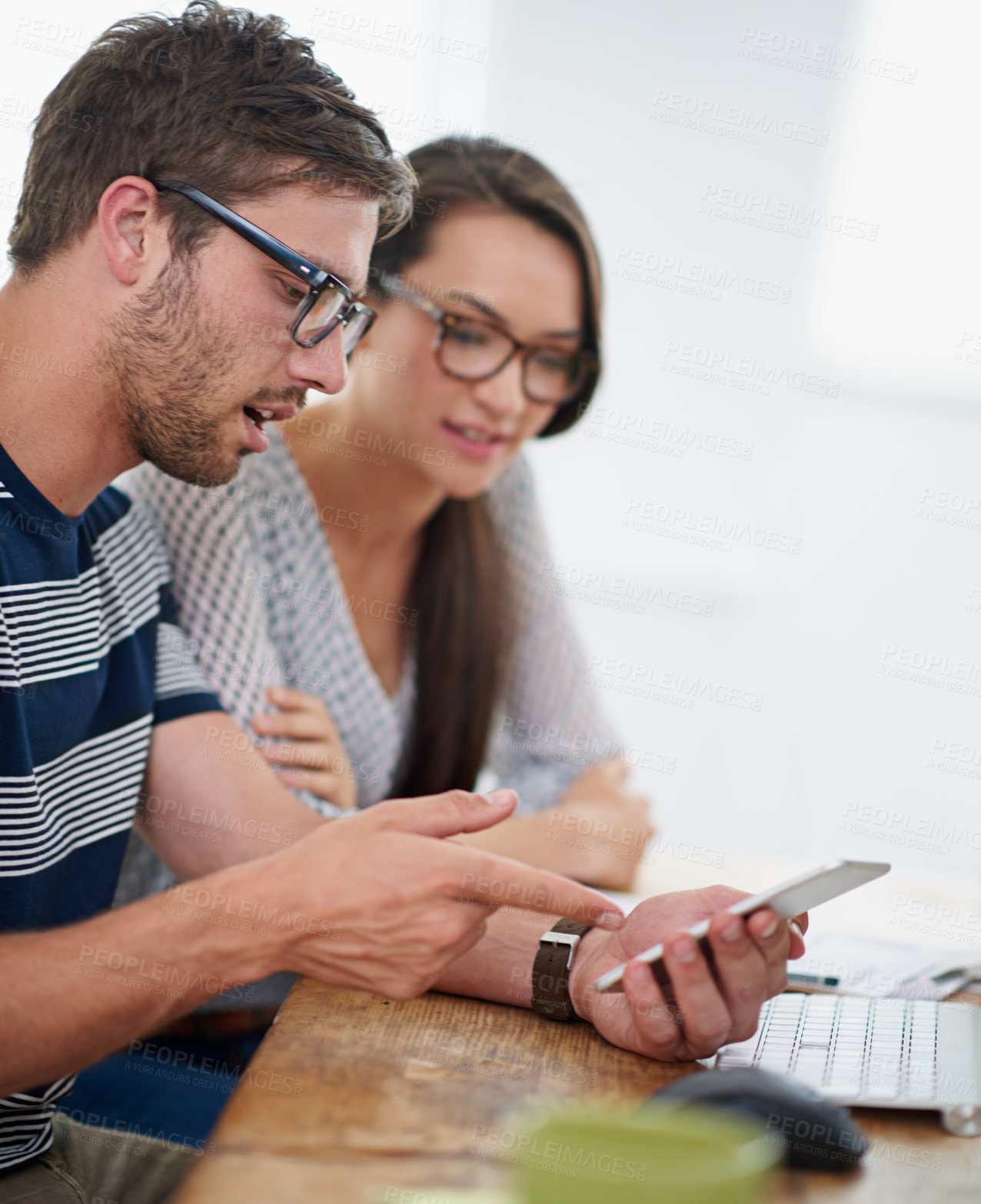 Buy stock photo Business people, collaboration and phone in office for planning, research and app development. Programming team, workers and mobile with wireframe update, check algorithm and link for seo statistics