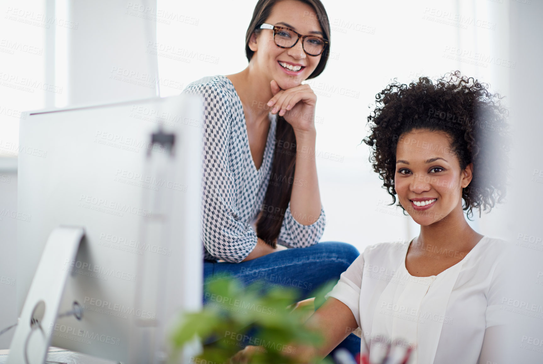 Buy stock photo Portrait, small business and women at startup in office for creative planning, teamwork and feedback of project. People, happy and designers with smile, collaboration and confidence for development