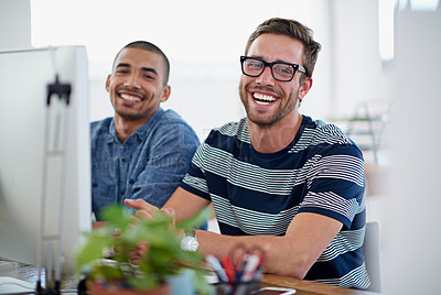 Buy stock photo Portrait, men and laughing on computer in office for creative planning, teamwork and feedback of project. Happy, people and pc to review email, information and web design for startup development