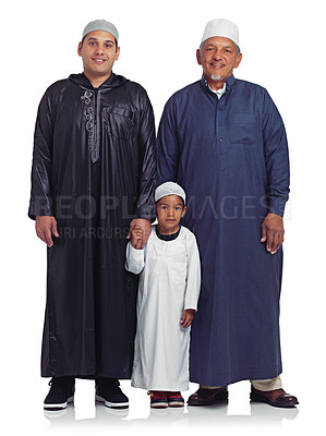 Buy stock photo Family, portrait and muslim men in studio for family time, bonding and Islamic religion against white background. Islam, generation and mature man enjoying quality time, holy gathering and isolated