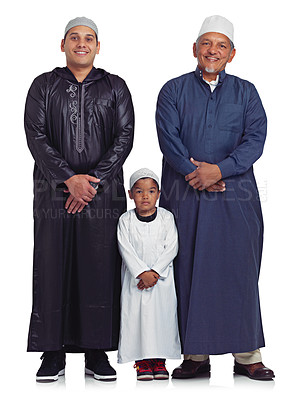 Buy stock photo Muslim, family and portrait of men in studio for Islamic, prayer and bonding on white background. Islam, generation and mature man teaching prayer, worship and religion values while standing isolated
