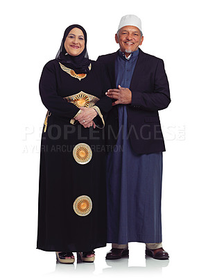 Buy stock photo Islam, love and body portrait of couple from Egypt together in studio with smile isolated on white background. Religion, marriage and culture for muslim couple, senior man and happy woman from Cairo.