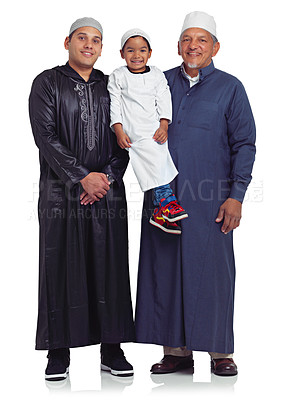 Buy stock photo Muslim, family and portrait grandfather, boy and father in studio for religion, mosque or bond on white background. Islam, generations and man group smile and happy together while standing isolated