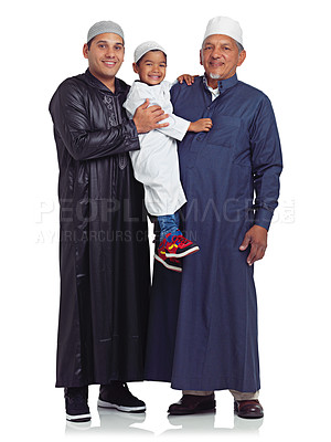 Buy stock photo Muslim, grandfather and boy with father in studio for family, portrait and bond on white background. Islam, happy and man group embrace, relax and standing together for religion, values and isolated