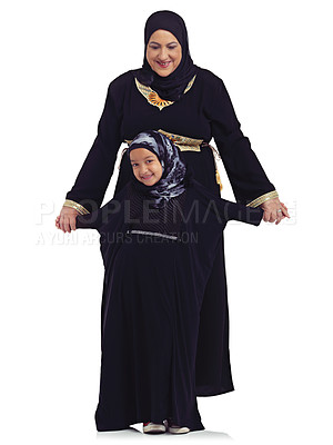 Buy stock photo Children, family and muslim with a mother and girl in studio isolated on a white background for love or religion. Kids, islamic and eid with a woman and daughter bonding on blank space for ramadan
