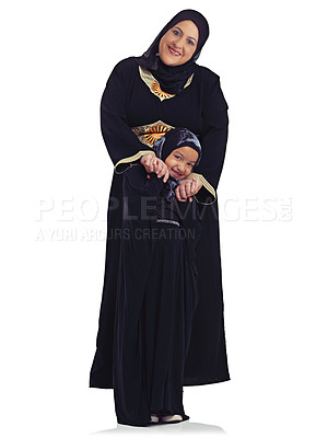 Buy stock photo Islam, body portrait of mother and child happy in hijab together and isolated on white background. Love, family and support, Muslim woman with playful daughter and Islamic culture in studio in Egypt.