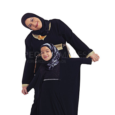 Buy stock photo Muslim grandmother, girl and family portrait of a islamic and muslim woman with a happy child. Isolated, white background and kid with happiness, faith and love for grandma with hijab holding hands