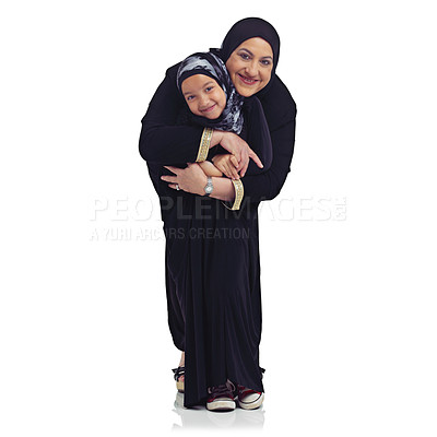 Buy stock photo Hug, islam and mother daughter portrait of a child and woman together with a hijab. White background, isolated and eid love for muslim religion with happiness, mom care and smile with mockup