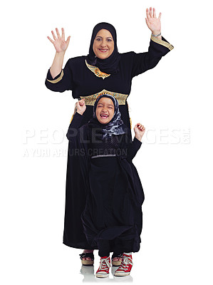 Buy stock photo Portrait, children or muslim with a mother and daughter in studio isolated on a white background together as a family. Eid, love or islam with a woman and girl bonding on blank space for religion