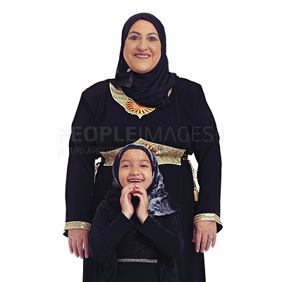 Buy stock photo Islam, smile and portrait of mother and child happy in hijab together and isolated on white background. Love, family and support, Muslim woman with daughter and Islamic culture in studio in Egypt.