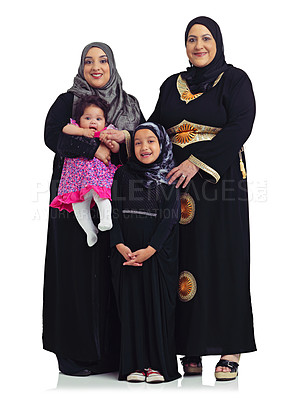 Buy stock photo Muslim family, portrait and women with children together in hijab for Islam religion love, peace and arab culture. Arabic mother, grandmother and kids together for eid isolated on a white background