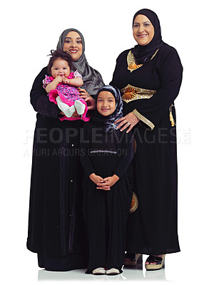 Buy stock photo Family portrait, muslim women and children in hijab for Islam religion love, eid and arab culture in studio. Arab mother, grandmother and kids together for support isolated on a white background