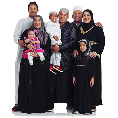 Buy stock photo Big family, portrait and muslim women, men and children together for Islam religion love, peace and arab culture. Islamic parents, grandparents and kids together for eid isolated on. white background