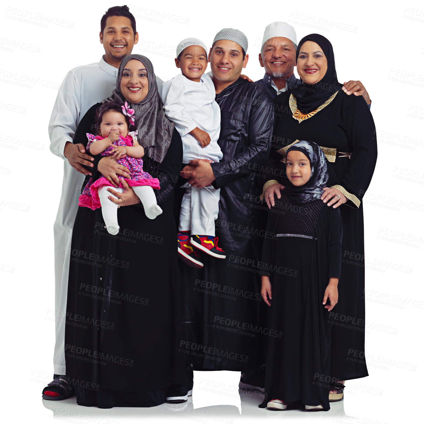 Buy stock photo Big family, portrait and muslim women, men and children together for Islam religion love, peace and arab culture. Islamic parents, grandparents and kids together for eid isolated on. white background