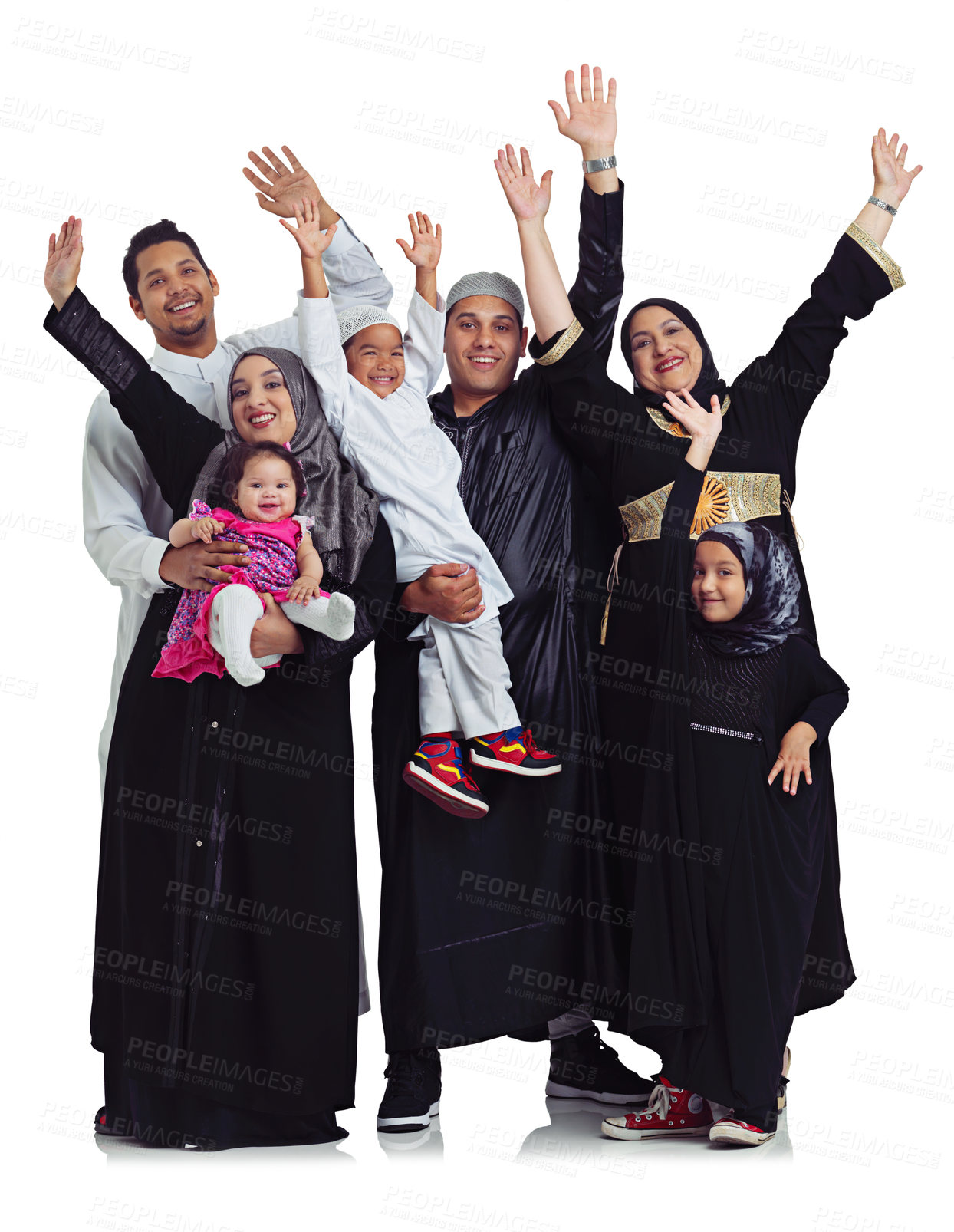 Buy stock photo Muslim family, portrait and celebrate eid with women, men and children together for Islam religion. Hands of Arab parents and kids together for culture, love and peace isolated on a white background