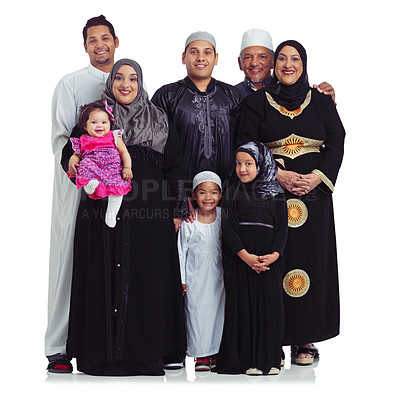 Buy stock photo Muslim family, portrait and together for eid to celebrate Islam religion, love and peace in studio. Arab parents, grandparents and kids together for support in ramadan isolated on a white background