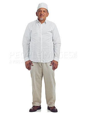 Buy stock photo Muslim senior man, portrait and standing in white background for Islamic fashion, religious culture and faith empowerment. Arab, elderly person and religion lifestyle motivation isolated in studio
