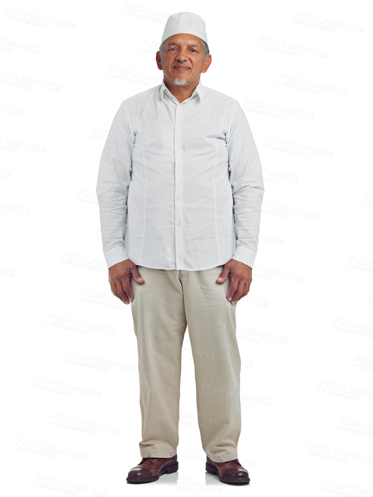 Buy stock photo Muslim senior man, portrait and standing in white background for Islamic fashion, religious culture and faith empowerment. Arab, elderly person and religion lifestyle motivation isolated in studio