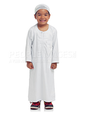 Buy stock photo Portrait, children and muslim with a boy in studio isolated on a white background for religion or belief in allah. Islam, kids or eid and a male child posing with mockup for faith or trust in god