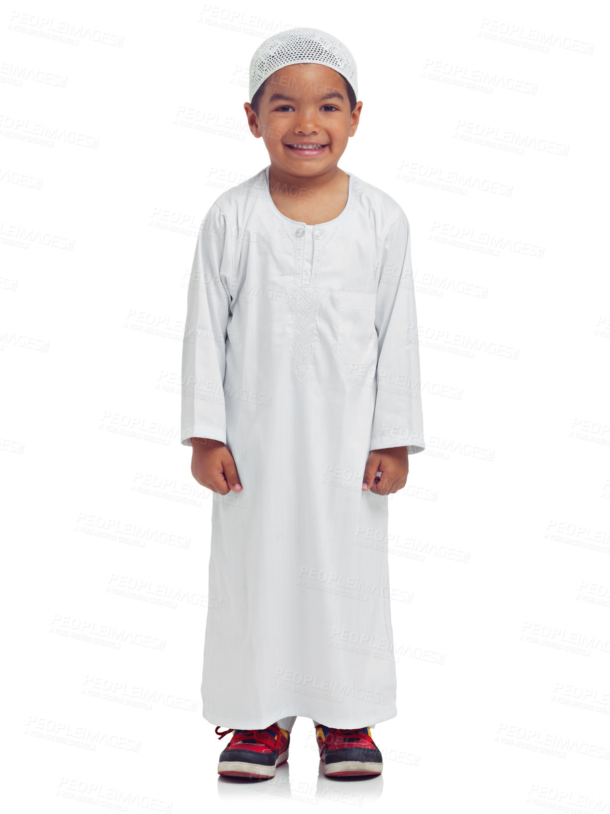 Buy stock photo Portrait, children and muslim with a boy in studio isolated on a white background for religion or belief in allah. Islam, kids or eid and a male child posing with mockup for faith or trust in god