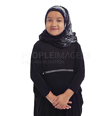 Buy stock photo Islamic fashion, young girl and smile standing in white background for culture happiness, religion awareness or empowerment. Muslim child, happy and religious clothes or hijab isolated in studio